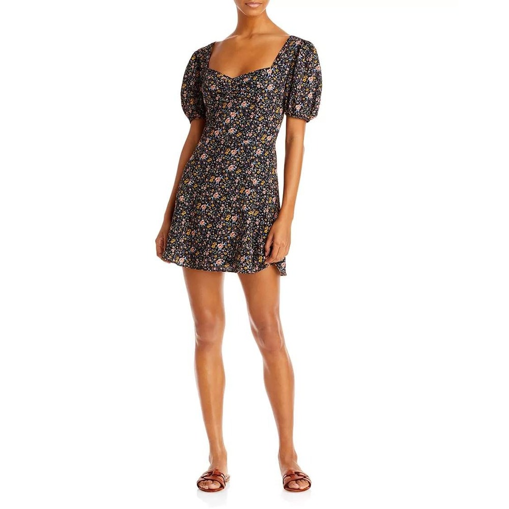 French Connection NWT Delmira Floral Dress Black Multi Ditsy Puff Sleeve 8